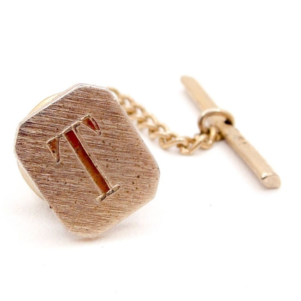 Vintage Gold Tone Initial "T" Tie Tack Chain Bar Monogram Men's Suit Jewelry